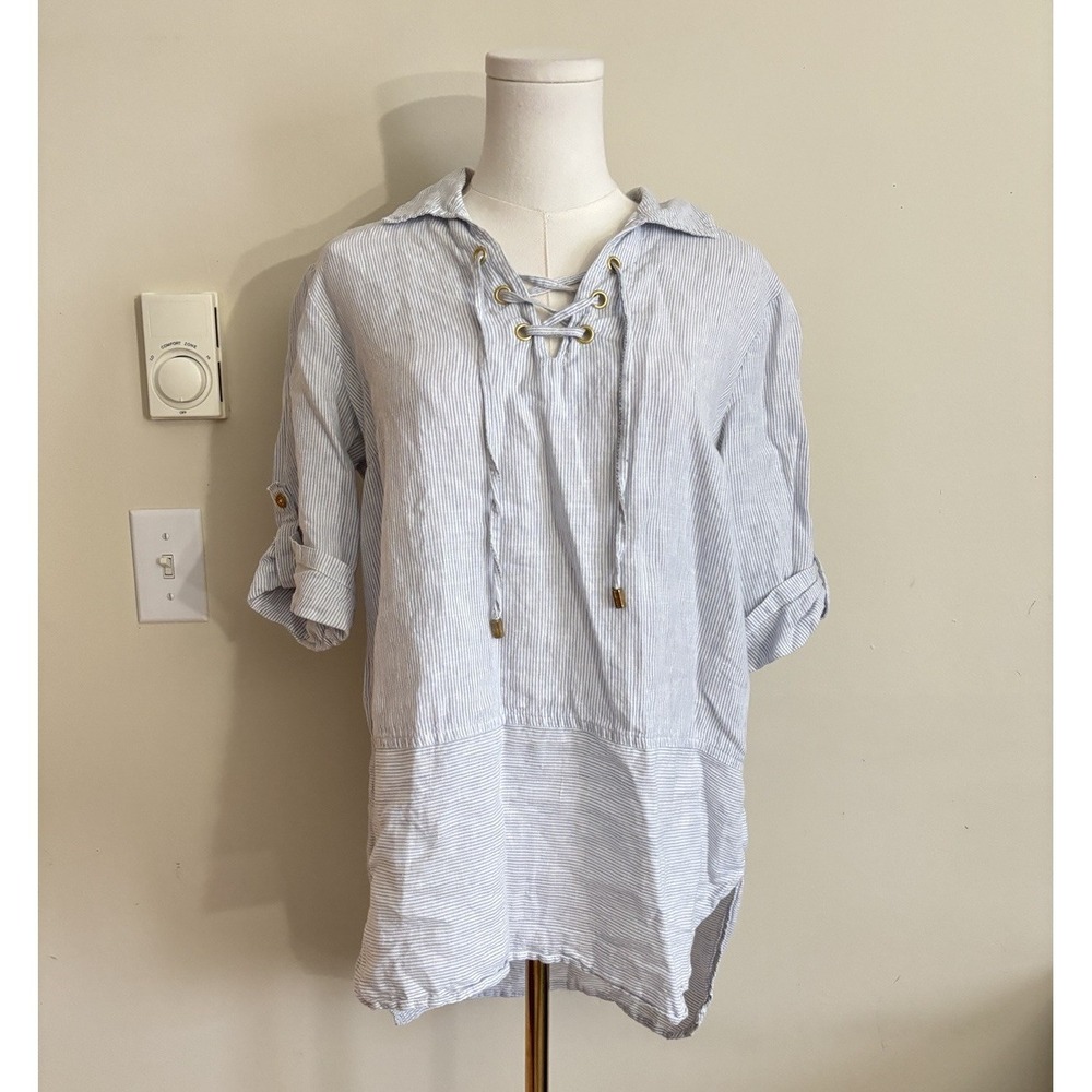 Ellen Tracy Striped Top 100% Linen Nautical Coastal Beach Womens Medium‎ White